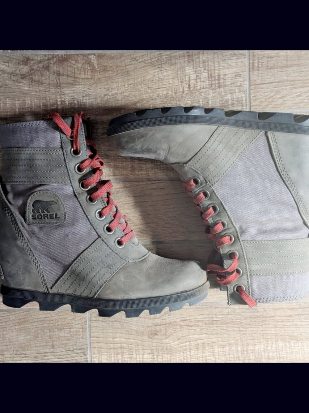 Sorel Lexie Wedge Lace-Up Boots - Gray with Red Laces - Picture 2 of 4